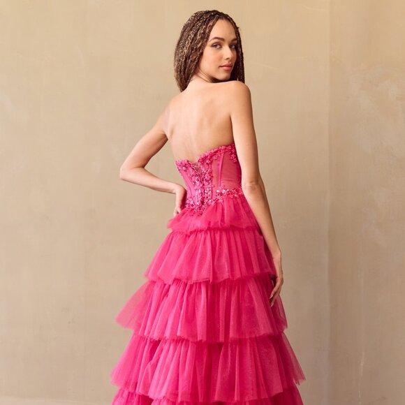 New Strapless Long Ruffled Prom Dress w/ Sheer Embroidered Boned Bodice AC 9053 - Picture 5 of 10